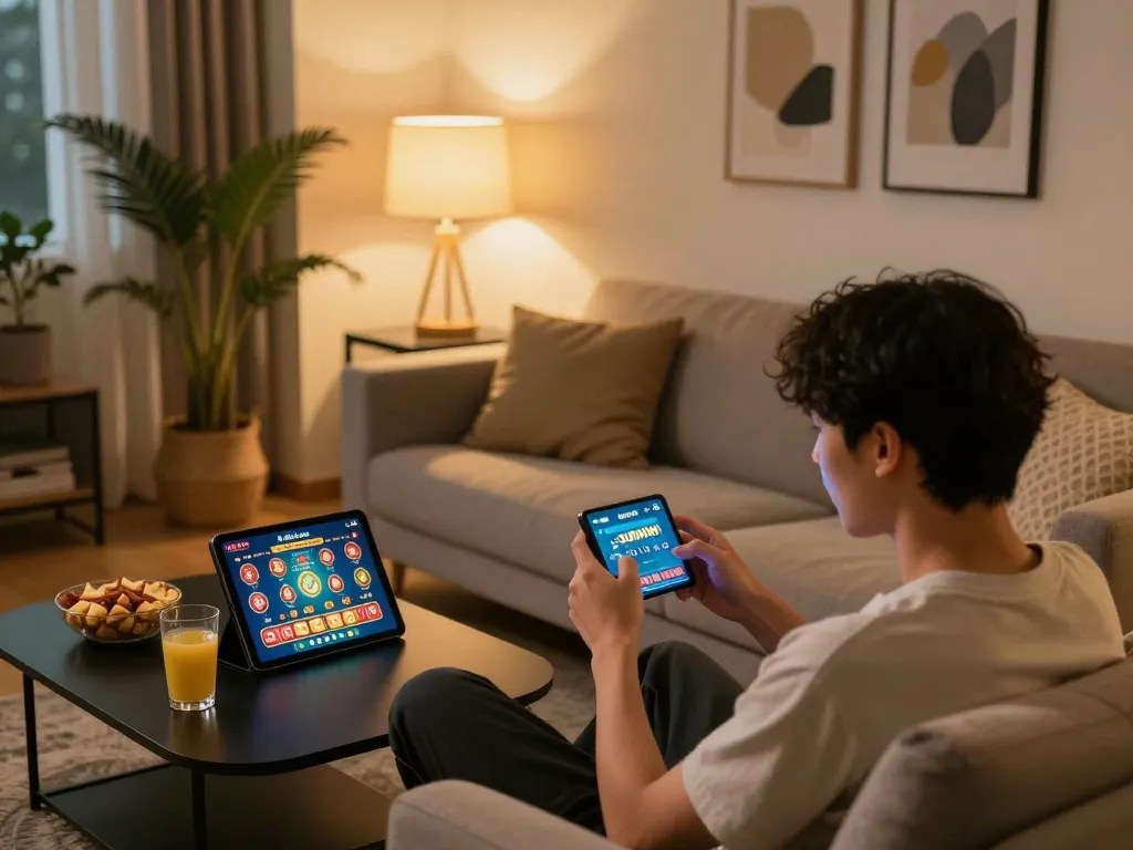 Player engaging with the nhà cái sunwin app on smartphone, surrounded by cozy home atmosphere