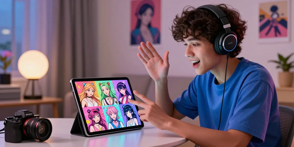 Exciting ecchi AI chat interaction with vibrant character illustrations on tablet in urban apartment setting.