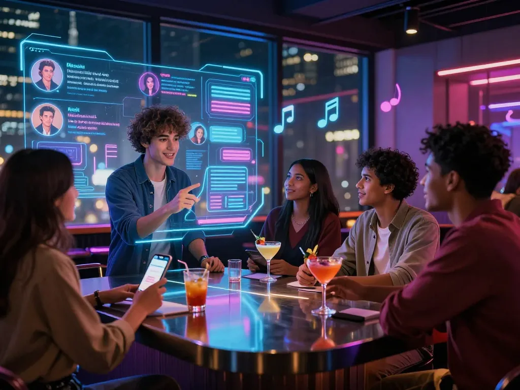 AI slut character in a lively bar setting, showcasing interactive digital engagement with users.