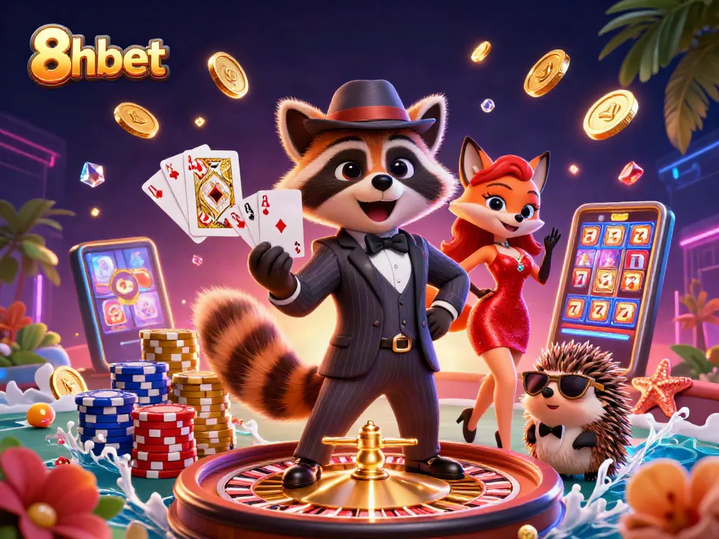 Experience thrilling moments with 8xbet as a suave raccoon and companions celebrate wins in an extravagant casino scene.