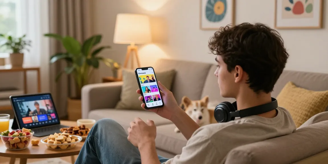 Enjoying Vidmate APK on smartphone at home with snacks and cozy atmosphere.
