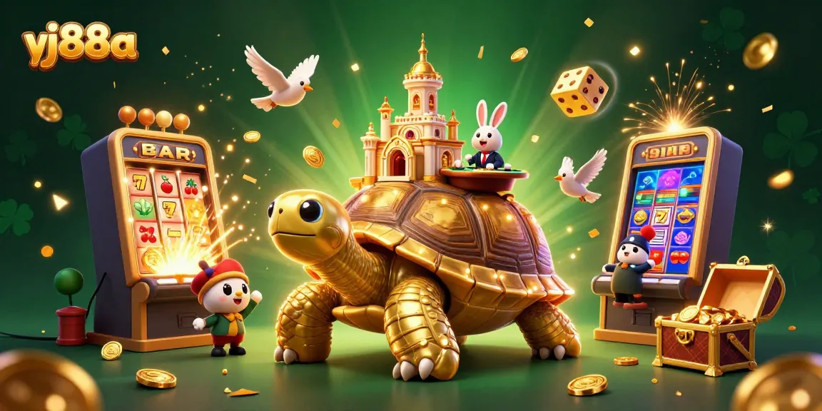 Win big at vj88a with a dynamic casino scene featuring a golden tortoise, rabbit dealer, and jackpot excitement.