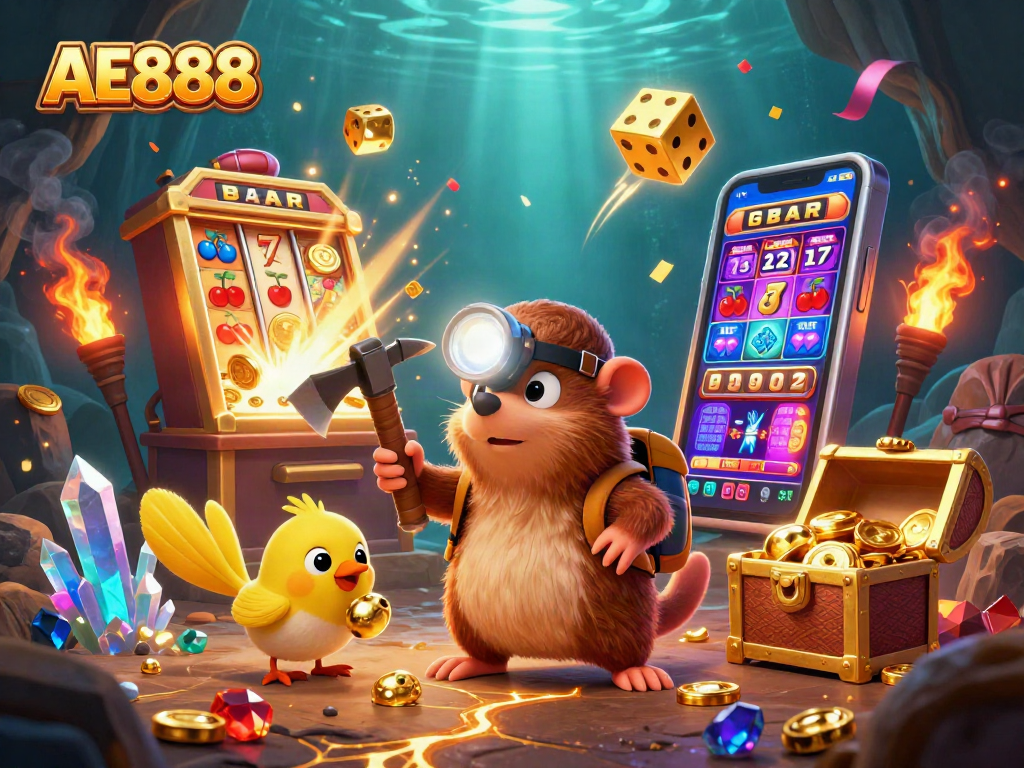 Experience the excitement of AE888 with a vibrant scene of a treasure hunter and a canary amid the casino elements.