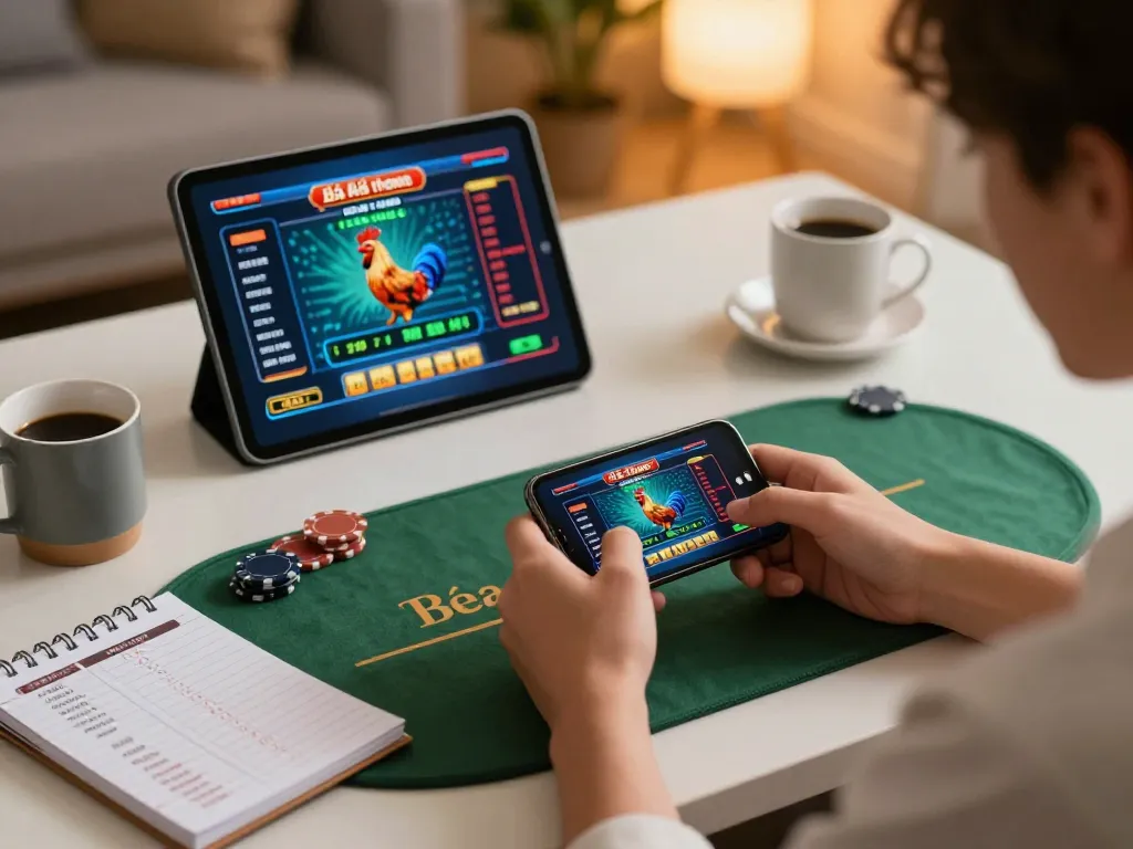 Engaged player placing bets on Đá gà thomo using smartphone in a stylish home setting.