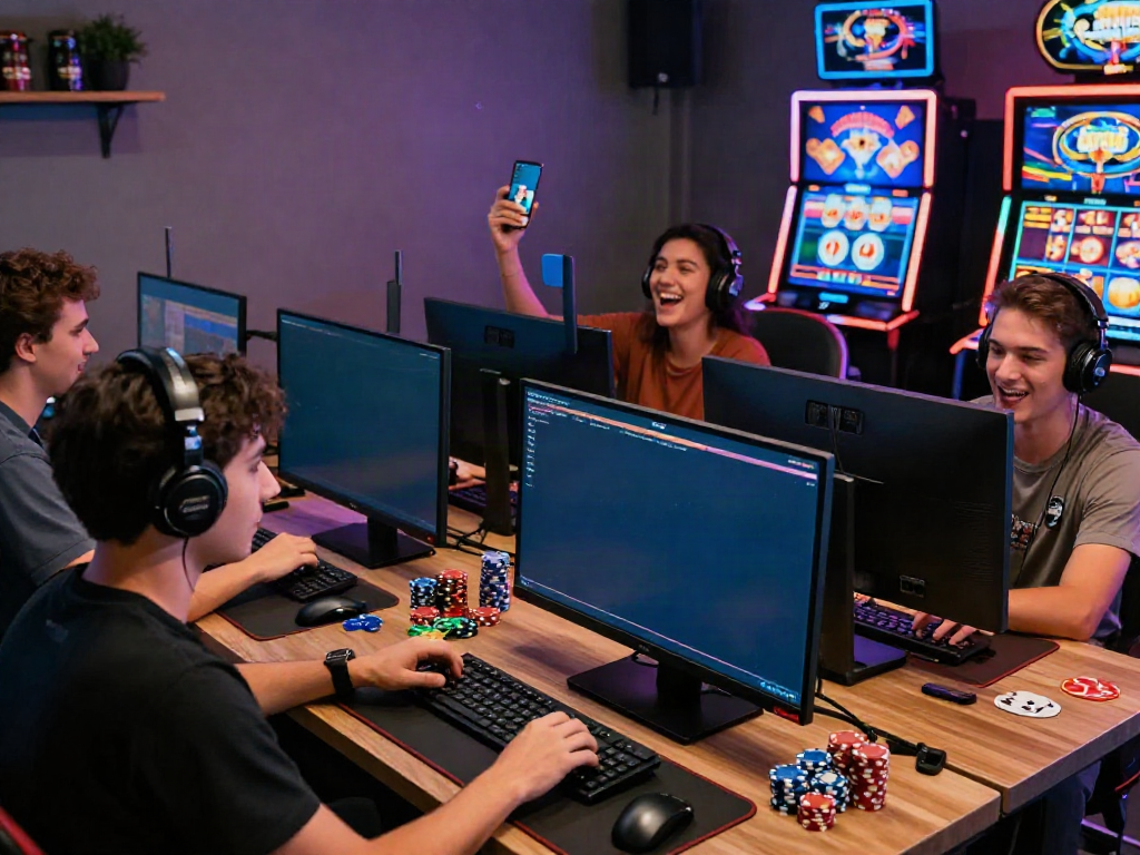 Engaged gamers on DA88 platform celebrating a winning slot game.