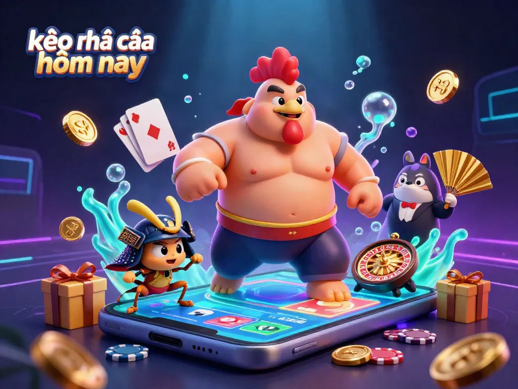 Engage in kèo nhà cái hôm nay with a dynamic 3D illustration showcasing a sumo wrestler rooster and a fierce cricket amidst vibrant betting elements.