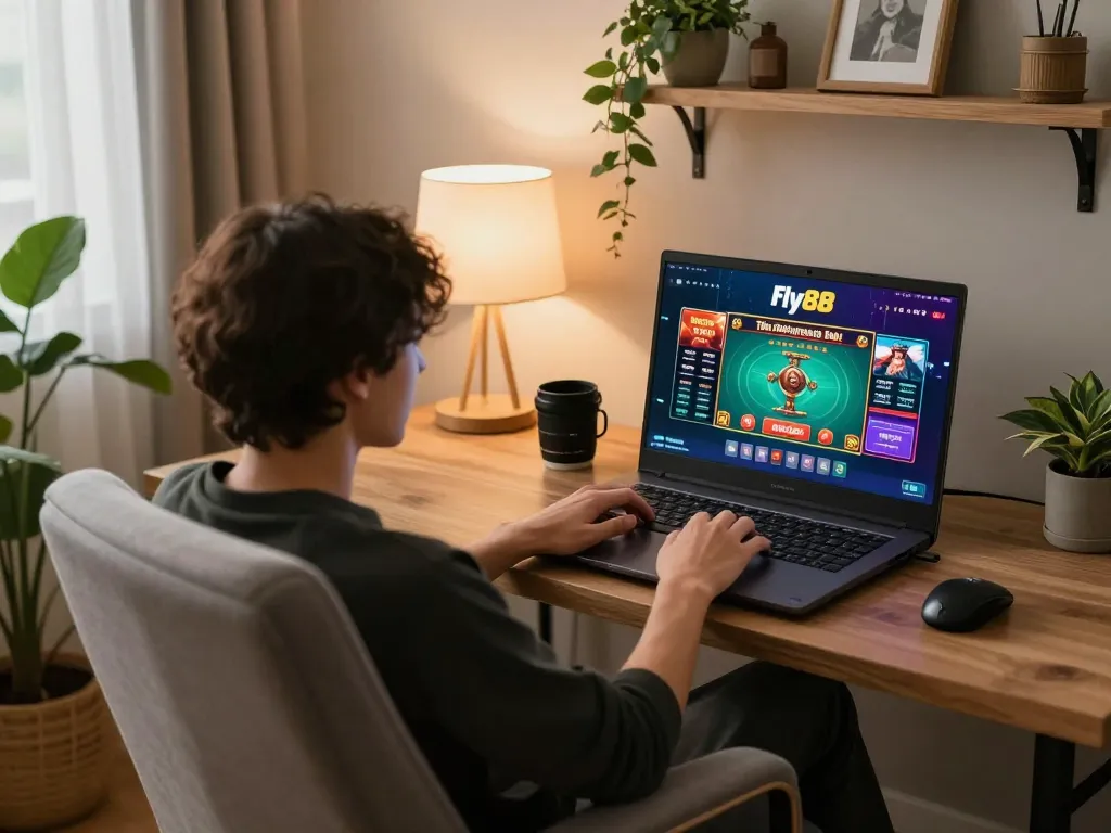 Engaged player enjoying online gaming on the Thương hiệu fly88 platform in a cozy home setting.
