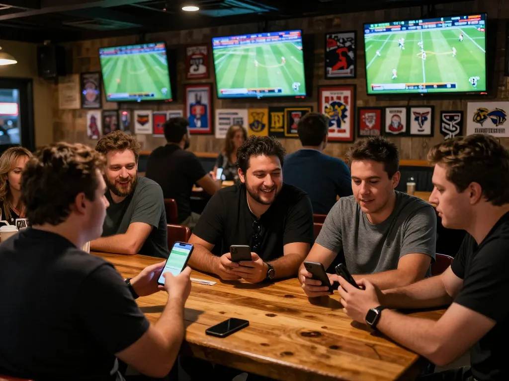 Engaged patrons using smartphone apps for kèo nhà cái trực tiếp while watching live sports at a vibrant bar