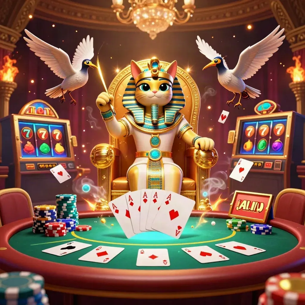 Pharaoh cat, ibis scribe, and scarabs on a throne amid casino symbols and teal-gold light.