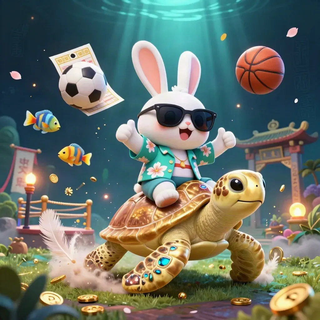 Lucky rabbit on a golden sea turtle amid sports balls, coins, and glowing temple lights.