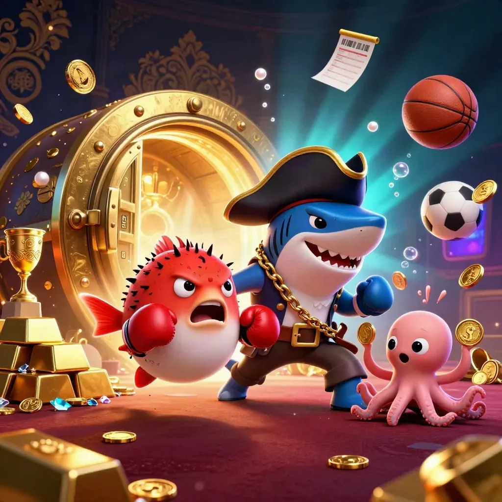 Pirate shark, boxing pufferfish, and coin-juggling octopus amid a burst of treasure and sports props.
