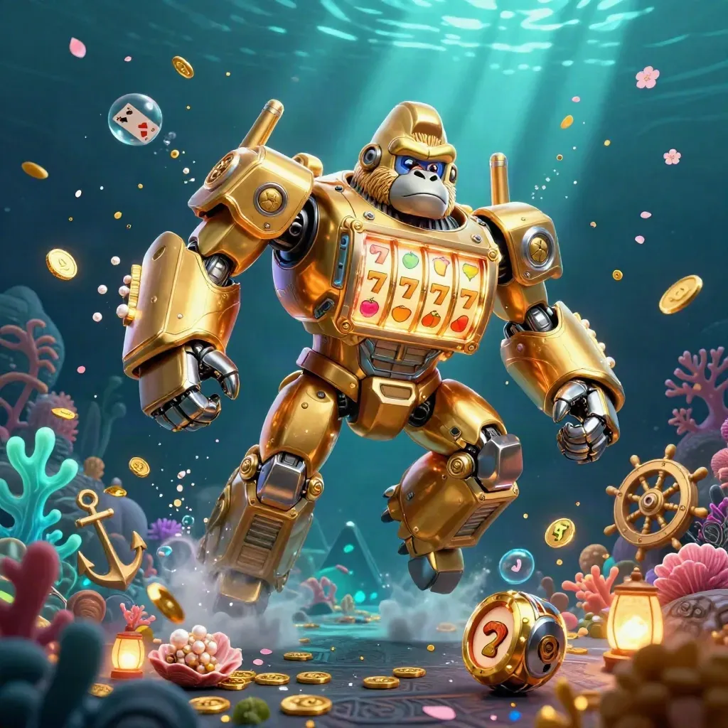 Golden gorilla mech with tiny monkey pilot amid treasure cove, cards, coral, and teal god-rays