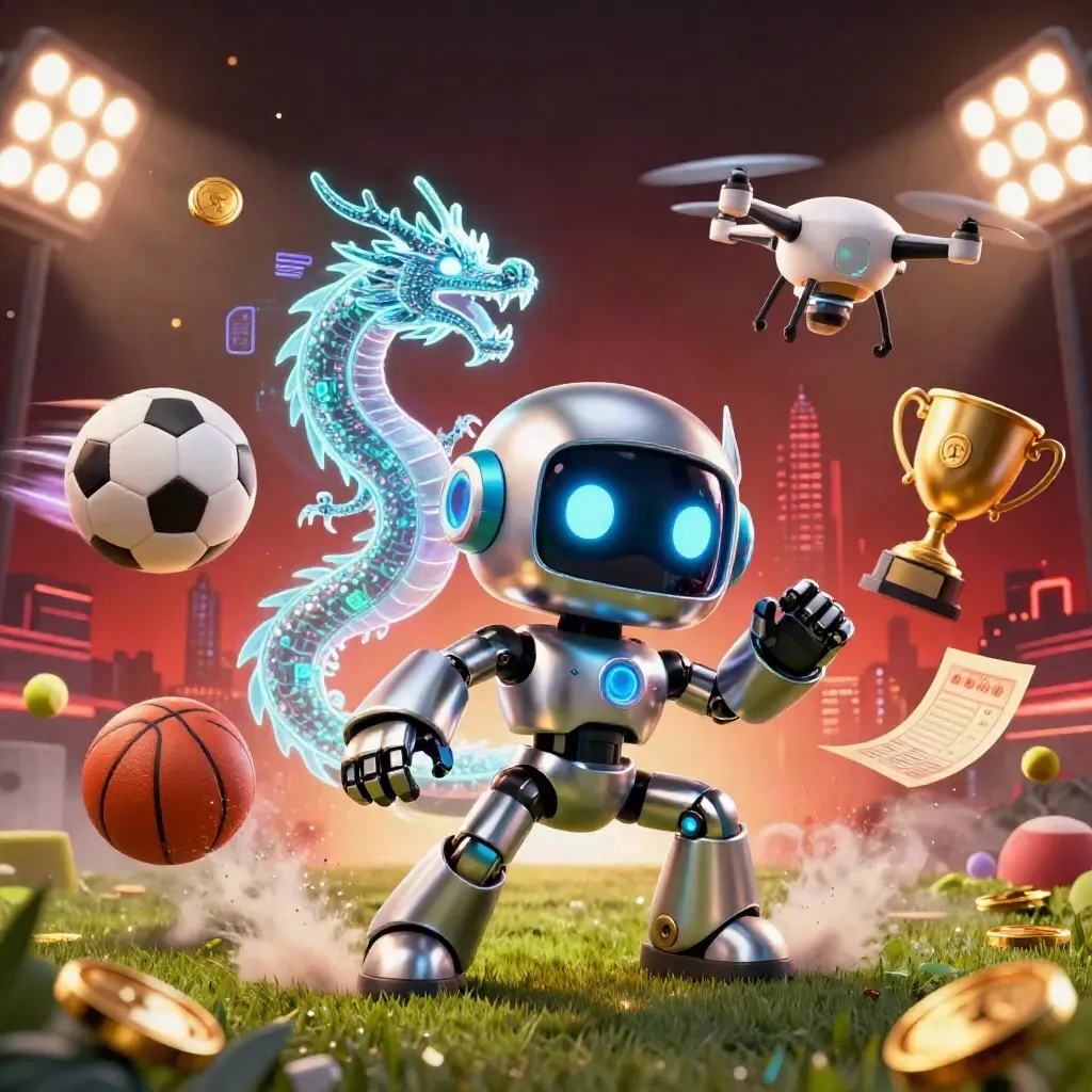 Robot mascot, holographic dragon, and coin drone amid flying balls, gold coins, trophy, and stadium lights.