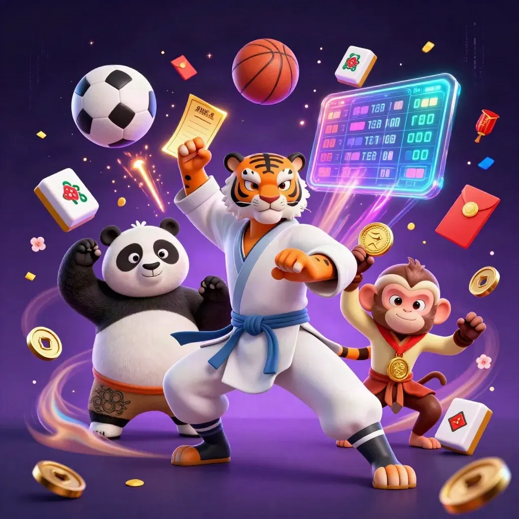 Kung-fu tiger, panda, and monkey amid flying balls, lanterns, and neon casino sparks.