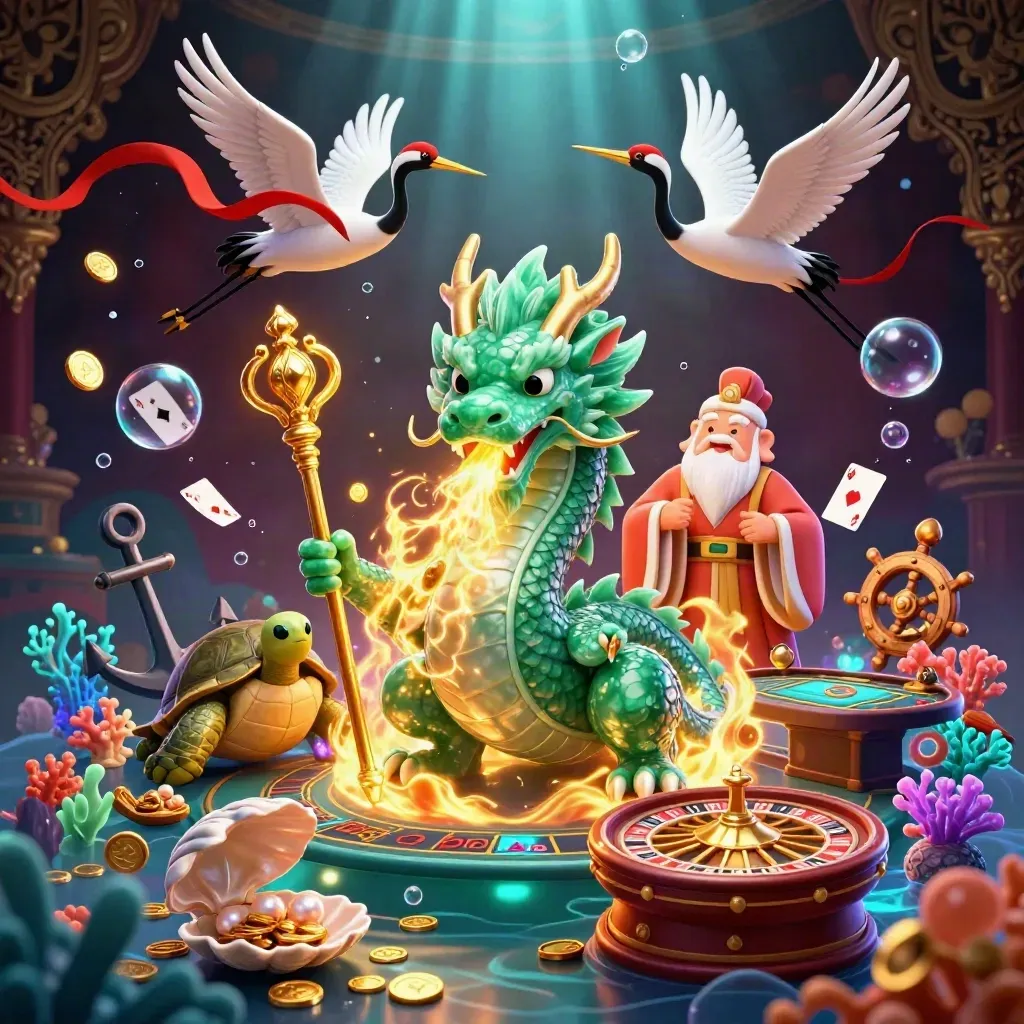 Emerald dragon, turtle sage, and cranes amid gold fire and underwater casino treasure, luxe and cinematic.