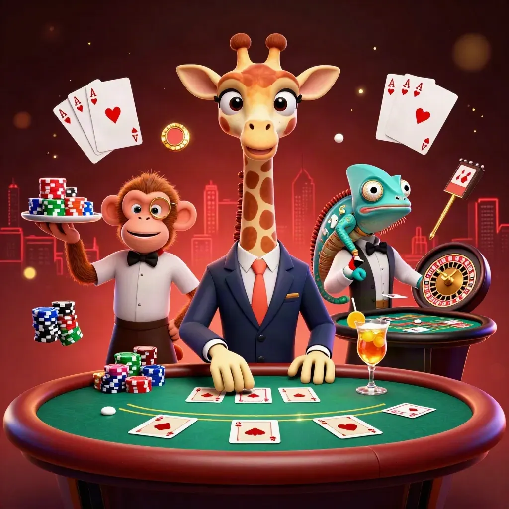 Giraffe, monkey, and chameleon in a luxe casino scene with chips and glowing lights.