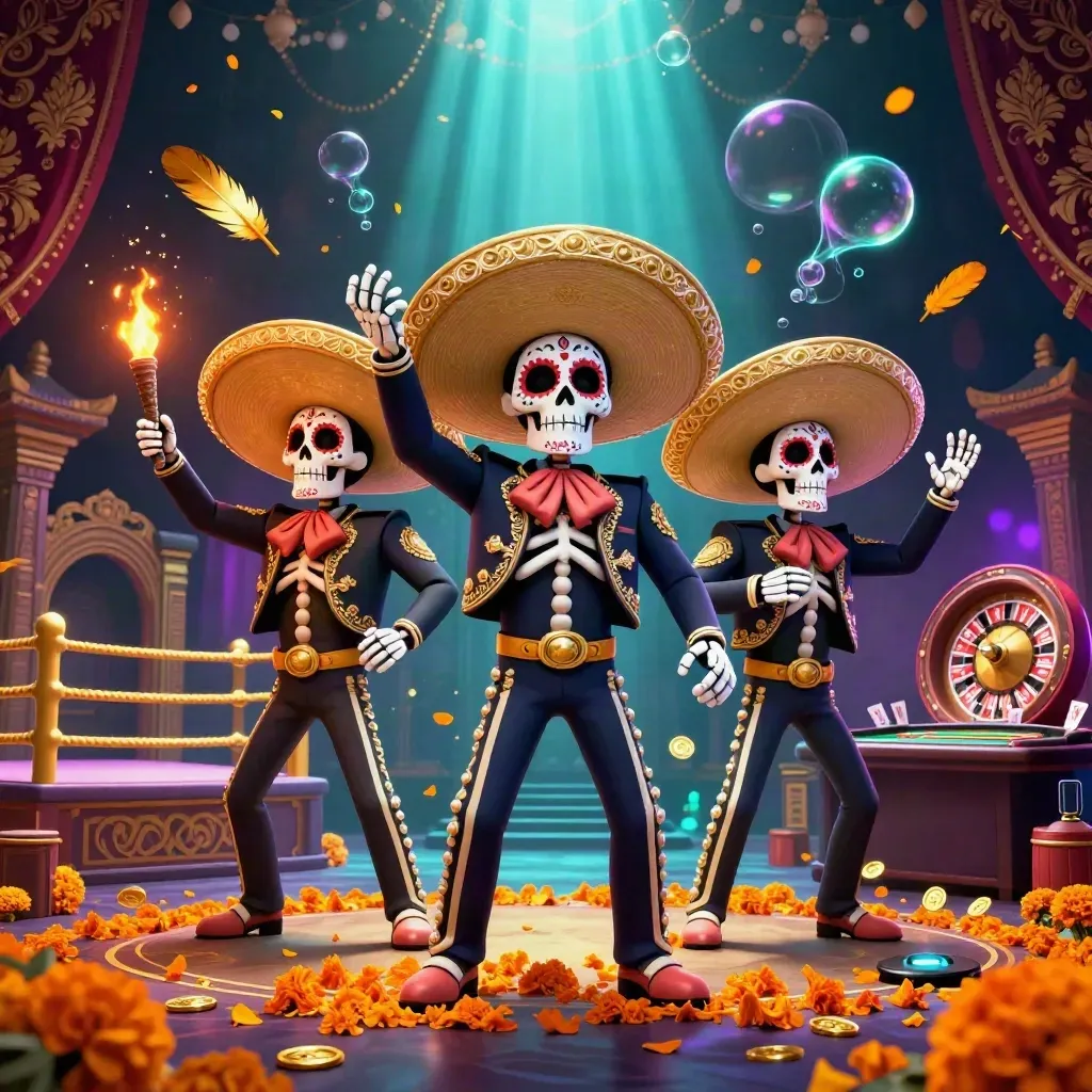 Skeleton mariachi trio amid casino luxury, chandeliers, coins, roulette, teal-coral glow.