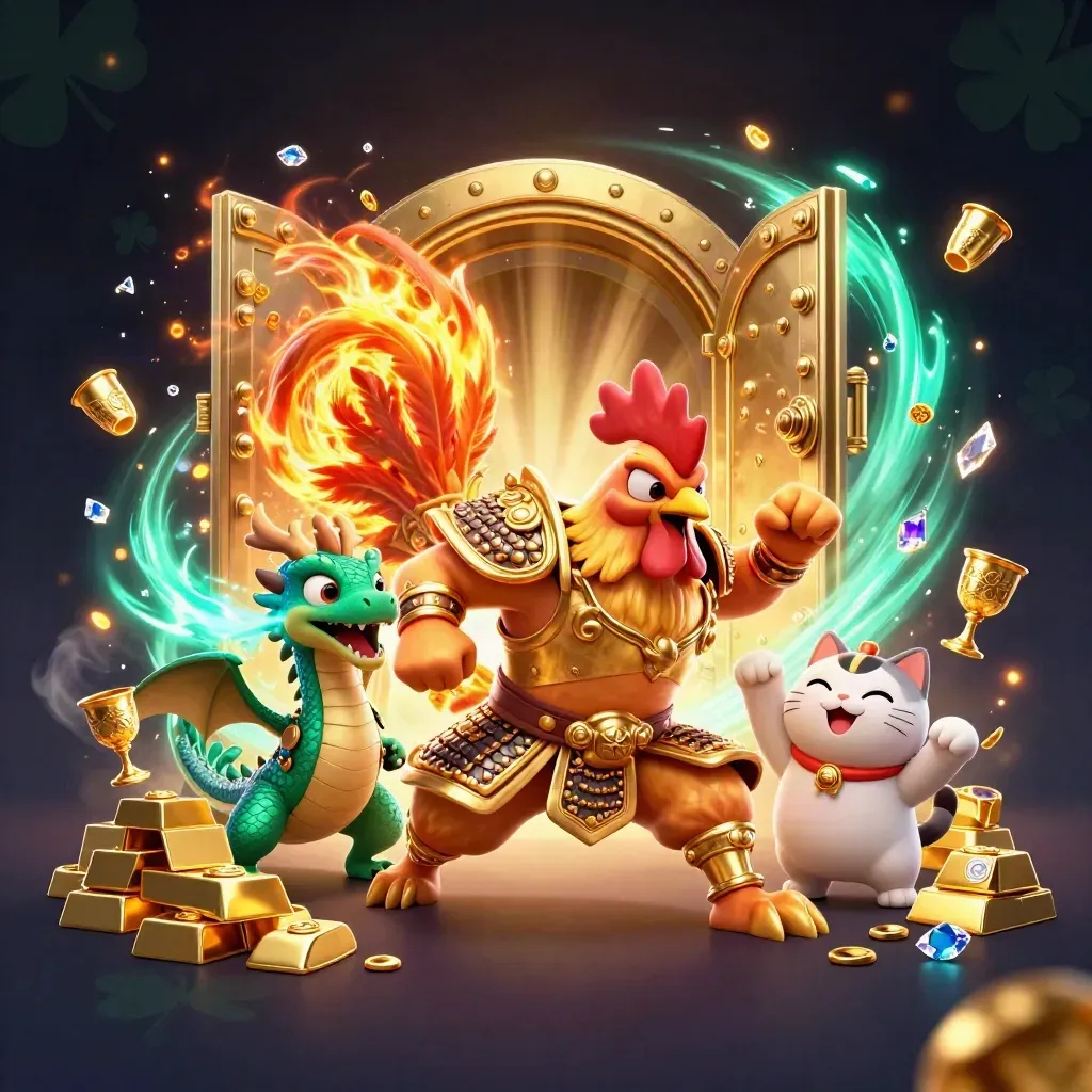Rooster warrior, dragon hatchling, and fortune-cat burst from a vault in teal-gold glow.