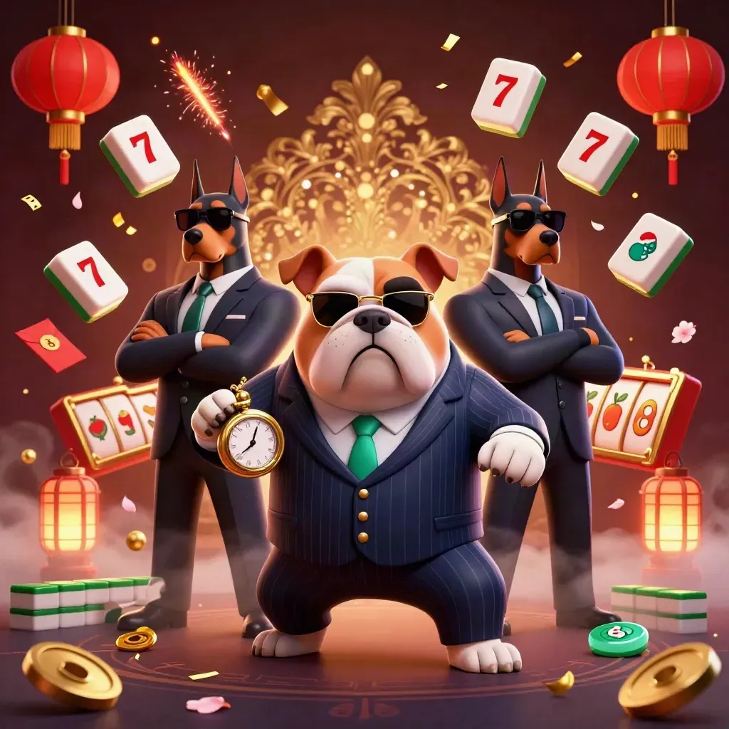 Mafia-boss bulldog and two Dobermans amid casino talismans, lanterns, coins and glowing teal light