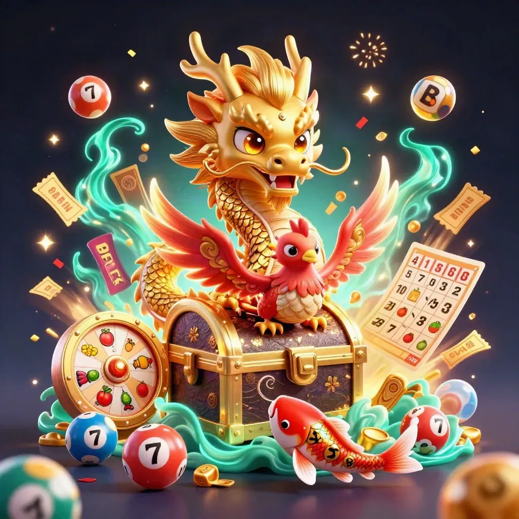 Golden dragon, phoenix and koi amid casino bursts and teal magic