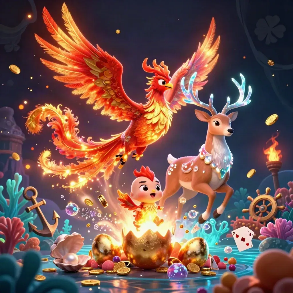 Fire phoenix, hatching baby phoenix, and crystal-antlered stag amid treasure in a glowing cove.