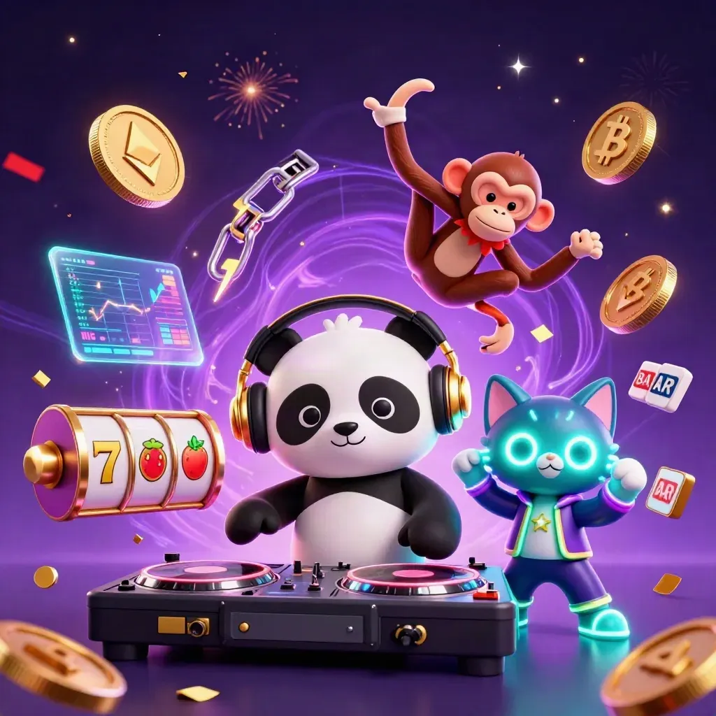 DJ panda, breakdancing monkey, and glow-stick kitten amid casino coins and neon energy