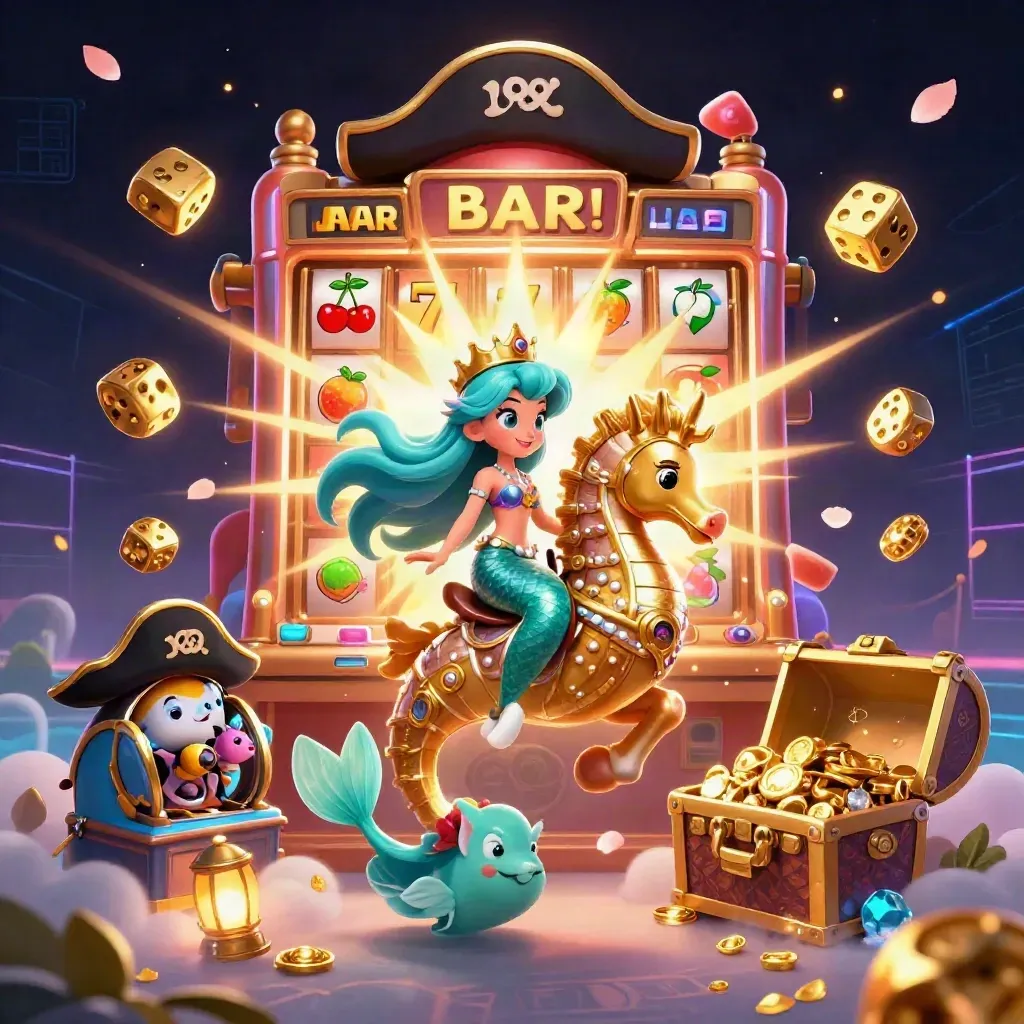 Mermaid princess on an armored seahorse amid exploding slot symbols, gold, and neon teal casino magic.