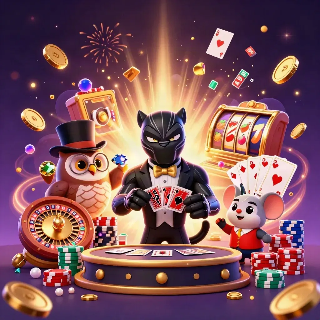 Panther dealer, owl chip boss, and mouse amid coins, reels, fireworks, and casino glamour.