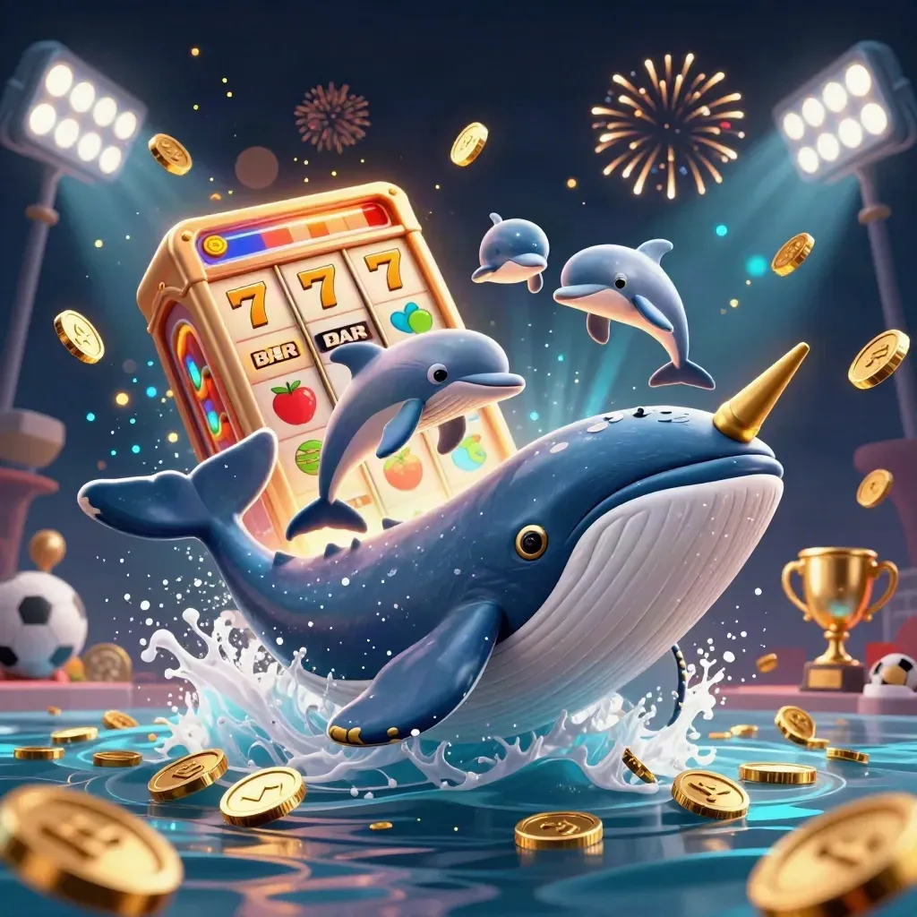 Whale captain, narwhal, and dolphins burst through coins amid casino lights and fireworks.