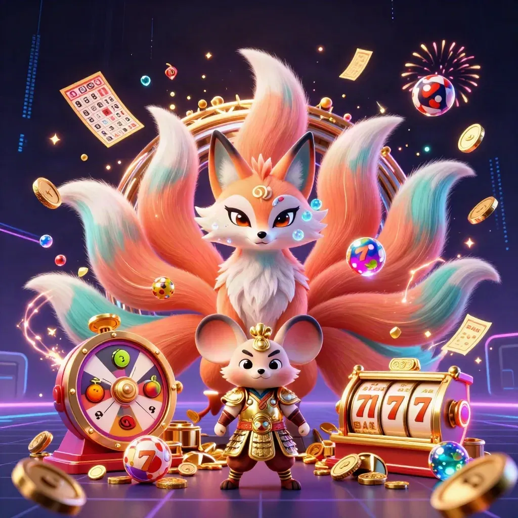 Neon fox spirit and armored mouse amid casino coins, reels, lottery balls, wheels, and fireworks