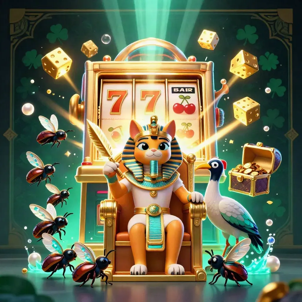 Pharaoh cat, ibis scribe, and scarab beetles amid slot reels, jackpot rays, and gold on dark teal.