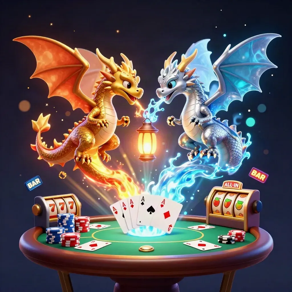 Twin gold and silver dragons spiral with fire and ice over casino chips and cards in a dark neon glow