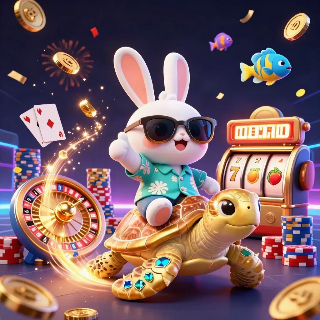 Rabbit rides a golden turtle amid casino coins, cards, chips, reels, fireworks, and neon glow.