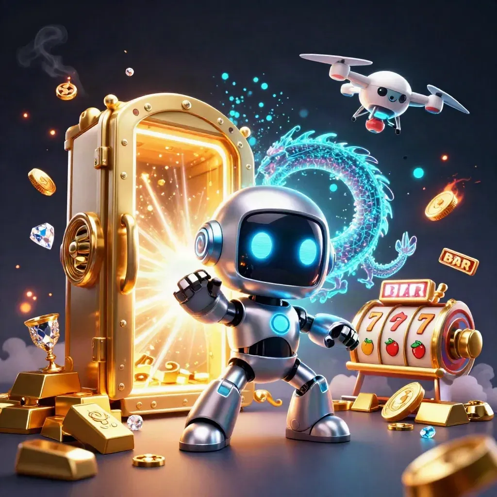 Chrome robot, holographic dragon, and coin drone burst from a vault amid gold, reels, and neon light.