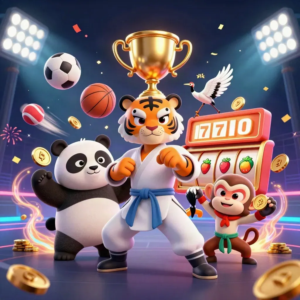 Kung-fu tiger, panda, and monkey with casino symbols, coins, and neon lights.