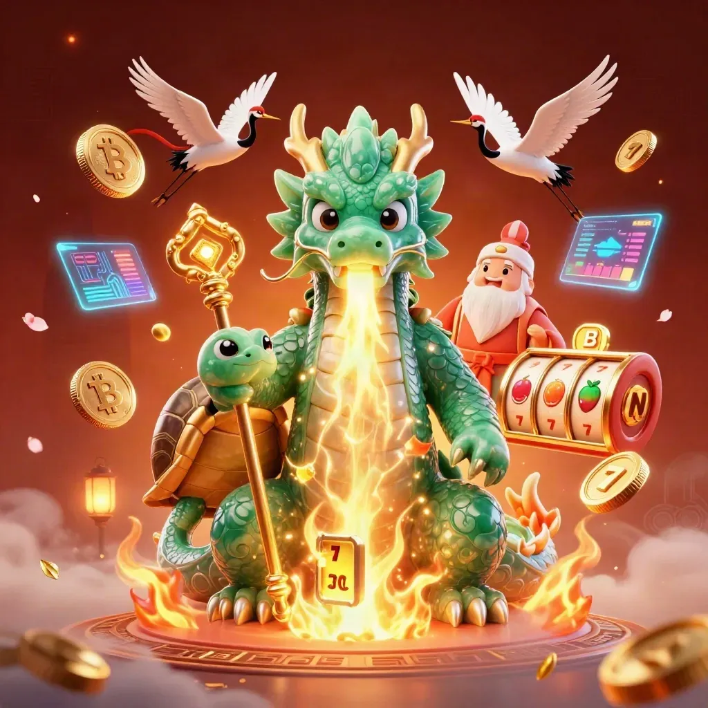 Jade dragon, turtle sage, and cranes amid glowing casino coins, reels, and magic
