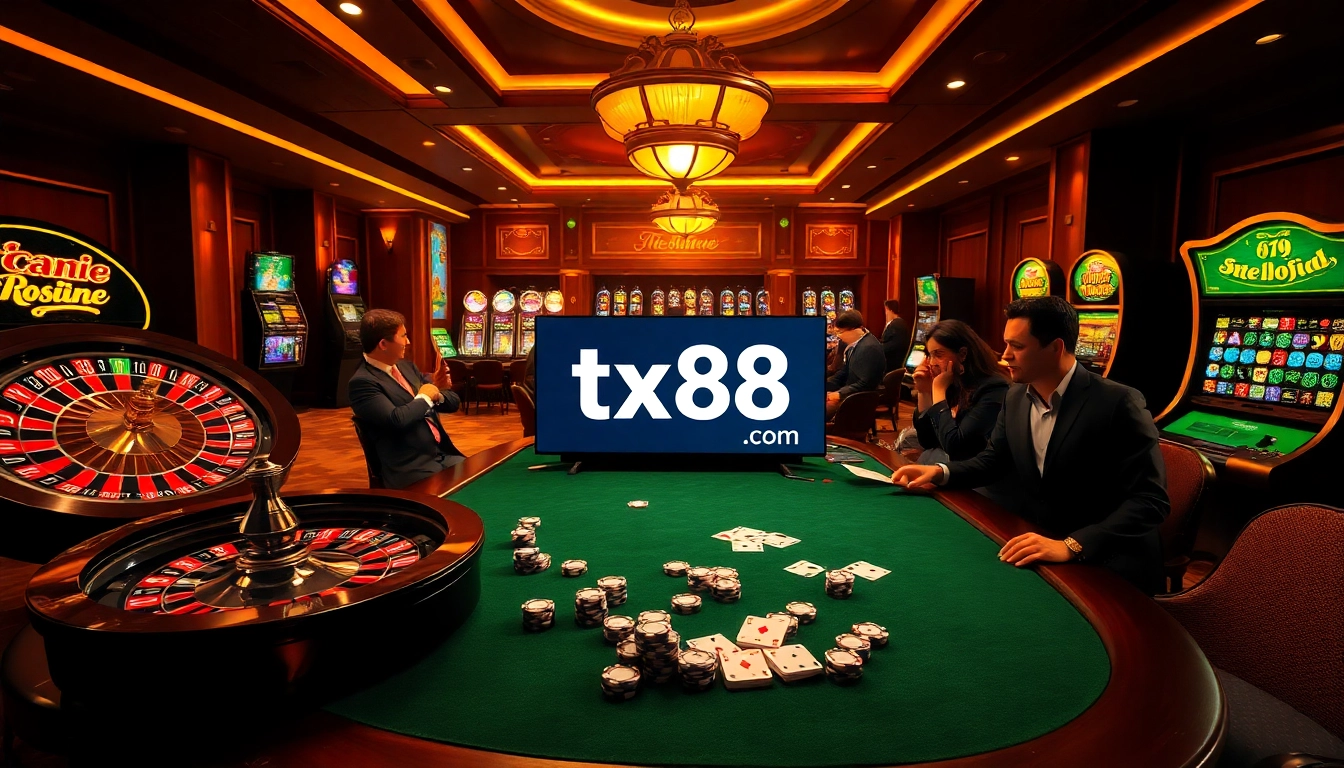 Engaged gamblers playing at tx88 com with vibrant casino games and a roulette wheel.
