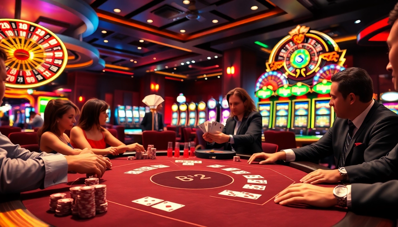 B52-themed gaming table with players enjoying card games and colorful casino elements.