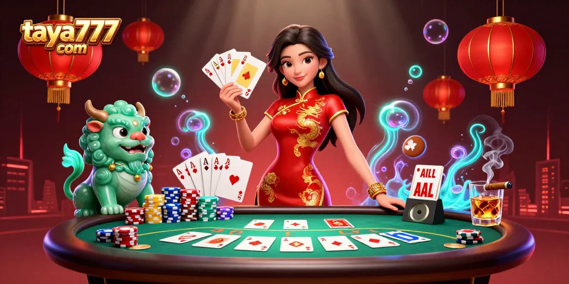 Experience excitement with taya777 com, featuring a vibrant casino scene with a winning woman and golden cards.
