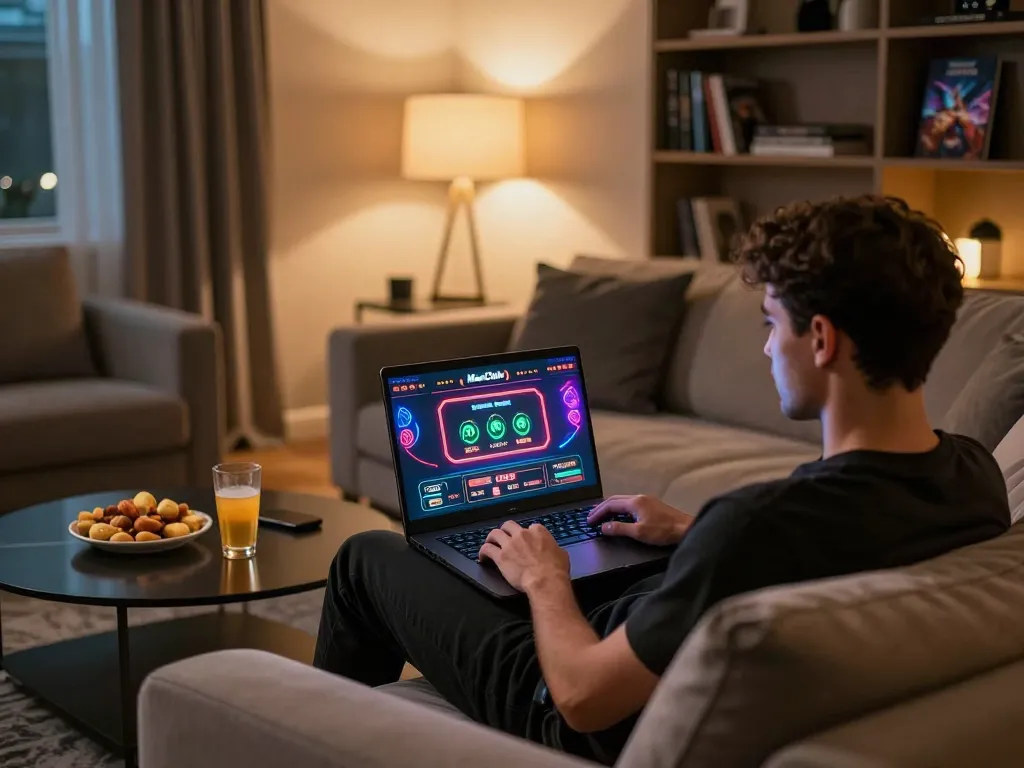 Player enjoying an online casino game on ManClub platform in a cozy home setup.