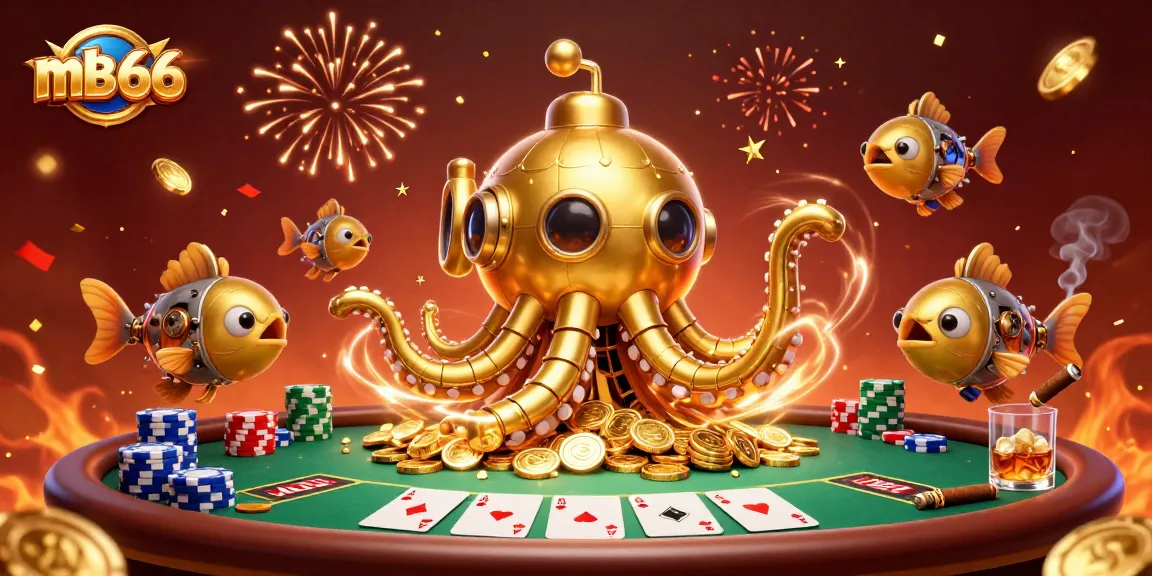 Win big with mb66 in this vibrant 3D casino scene featuring golden kraken and poker elements.