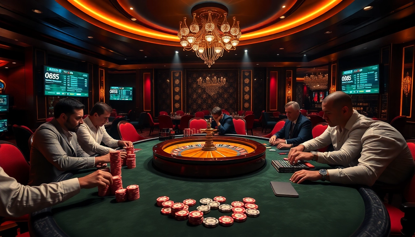 Engaged players strategizing at a poker table, featuring ok365 bet betting options and a luxurious casino ambiance.