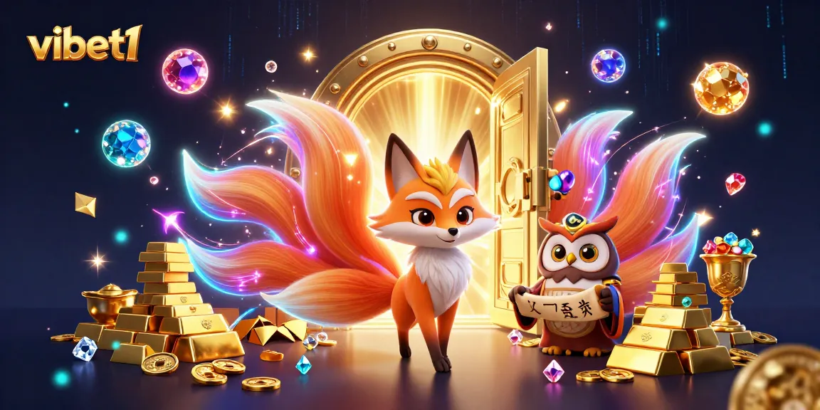 Experience vibet1's online gambling adventure with a vibrant nine-tailed fox and wise owl in a treasure-filled scene.