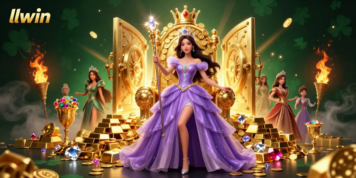 Join the excitement at llwin with a royal figure and golden treasures, embodying online casino luxury.
