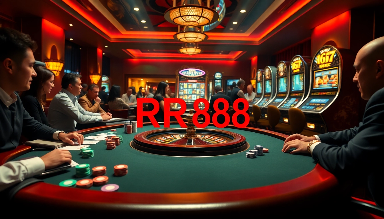 Players enjoying an exciting game at RR88 casino with vibrant poker chips and a roulette wheel.