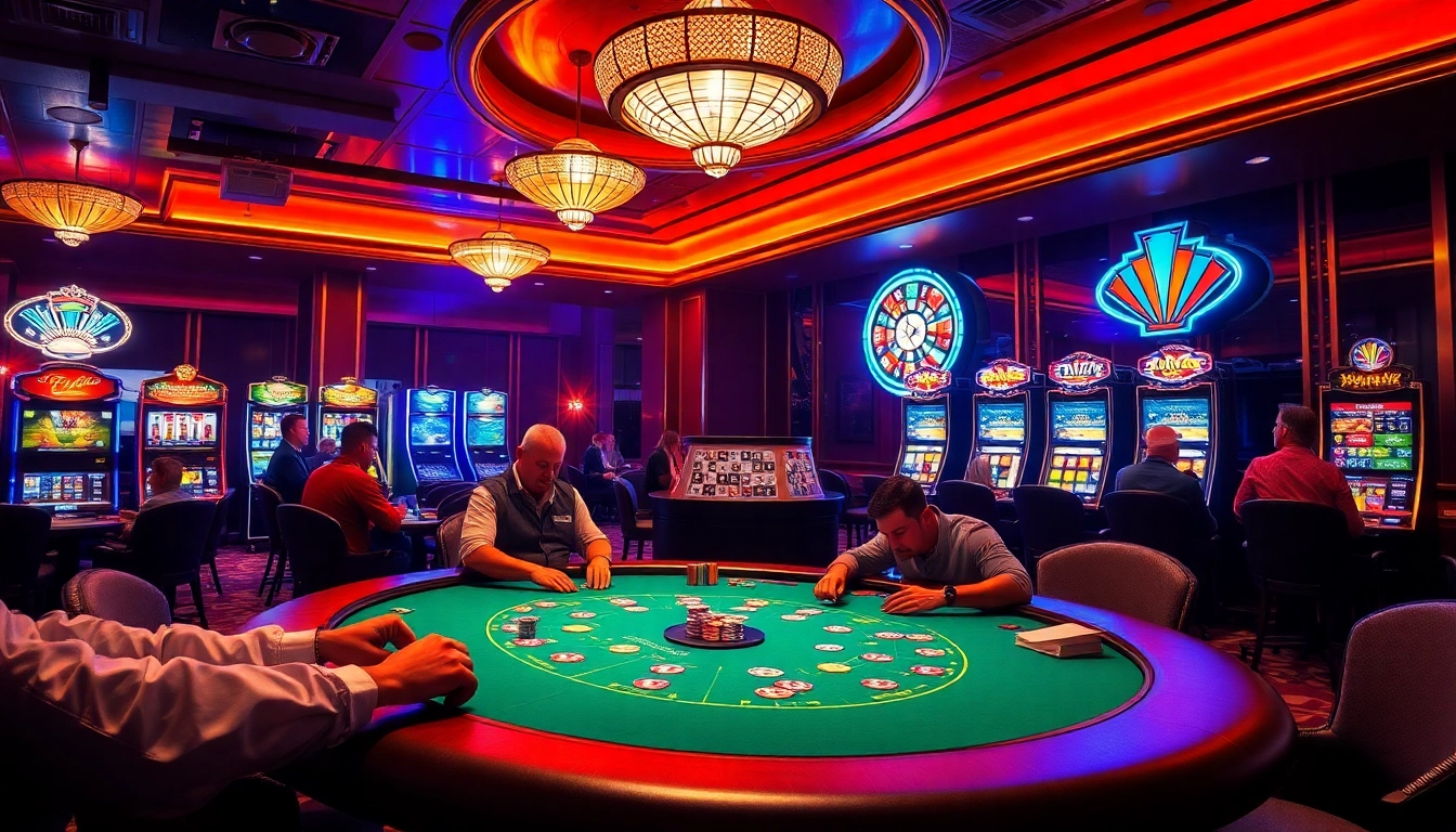 Exciting gambling scene at Nhà cái F168 with poker table, roulette wheel, and vibrant casino elements.