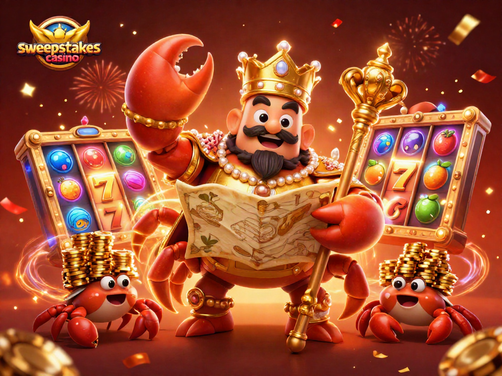 Engage with the sweepstakes casino through a vibrant scene of a golden crab emperor amidst exciting slot games.