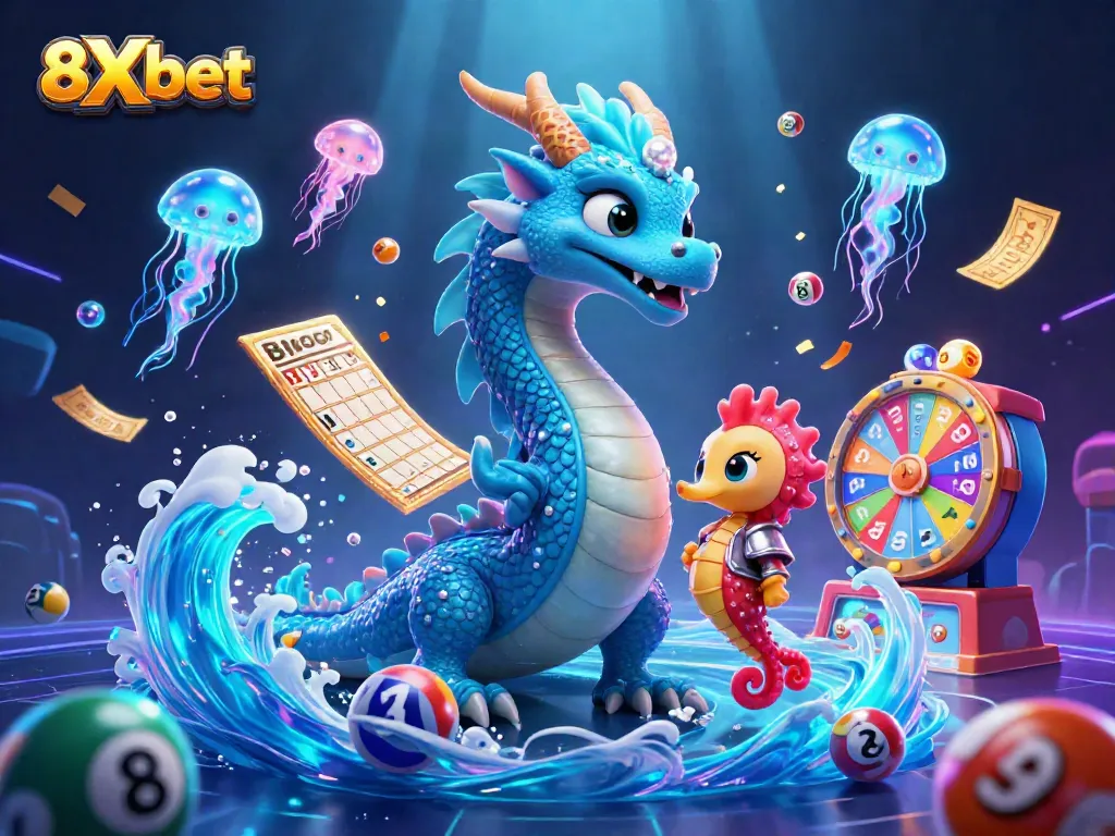 Experience the exciting world of 8Xbet with a vibrant scene featuring a mystical azure dragon and a seahorse knight surrounded by casino elements.
