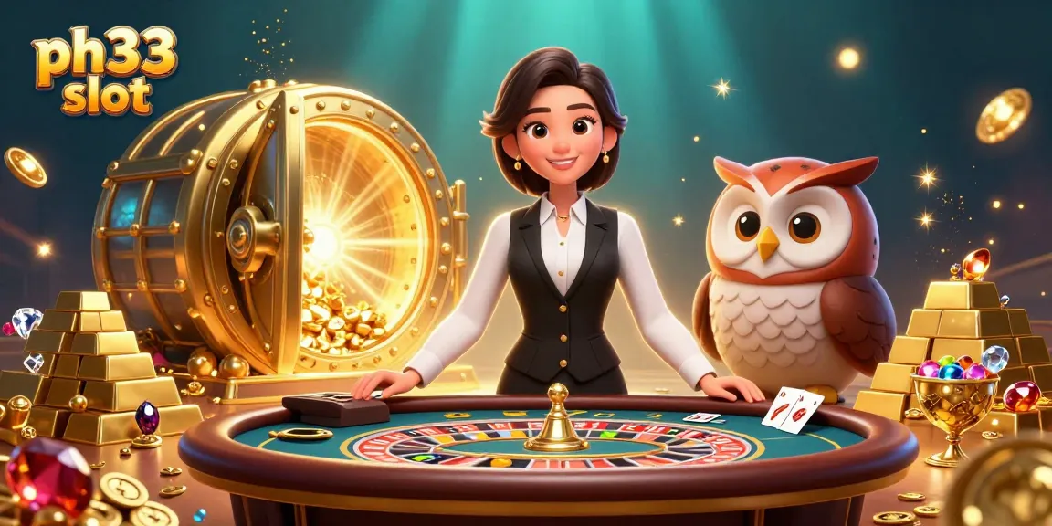 Engage with ph33 slot visuals featuring a dealer duo amidst dazzling casino elements.