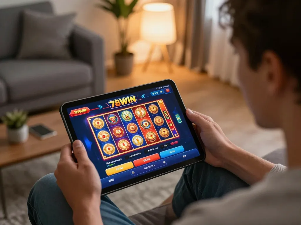 Engaging in the 78WIN casino app while enjoying vibrant online slot games at home.